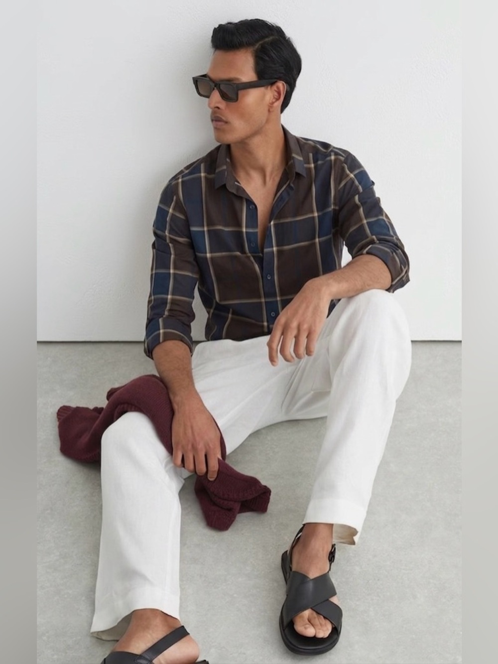 HUGO Men's Casual Plaid Shirt - Navy and Brown